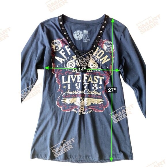 Affliction Womens American Customs Moto Foil Graphic Lace Up Top Size L Blue Y2K - Picture 8 of 15